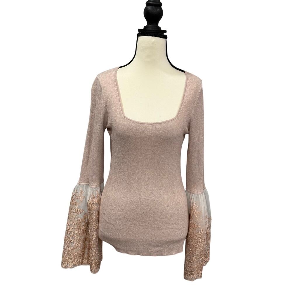 Boston Proper ASO Drew Barrymore Show Lace Bell Sleeve Metallic Blush Pink Top S
